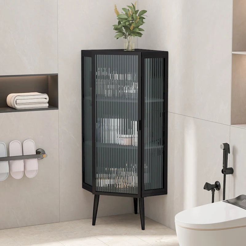 Meuble d'angle à 3 niveaux avec porte vitrée