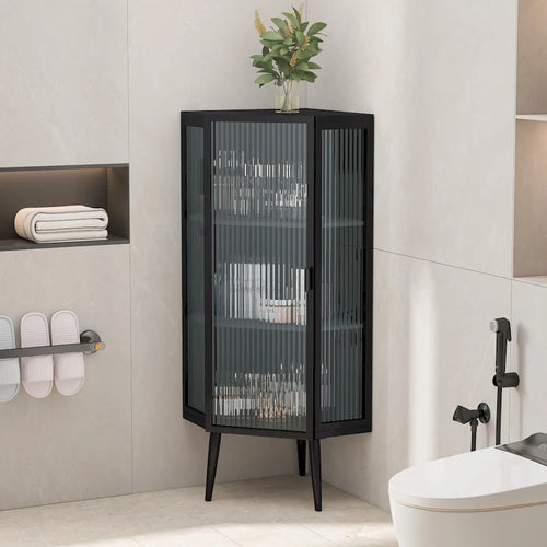 Meuble d'angle à 3 niveaux avec porte vitrée
