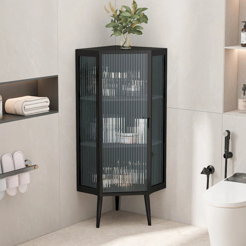 Meuble d'angle à 3 niveaux avec porte vitrée
