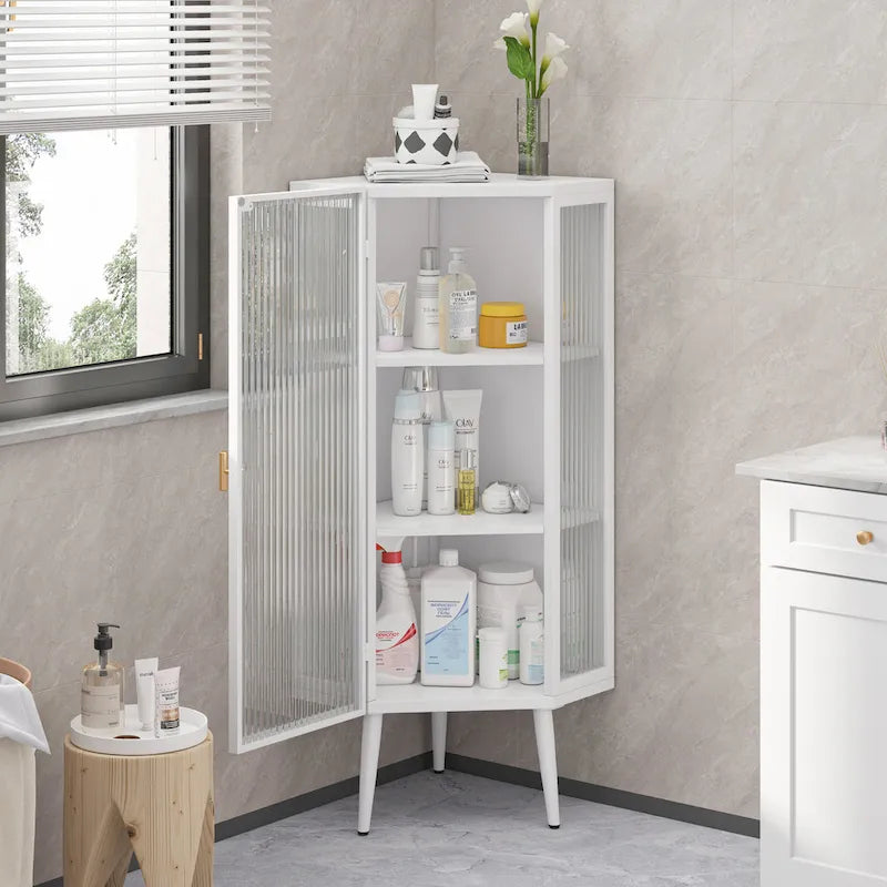 Meuble d'angle à 3 niveaux avec porte vitrée