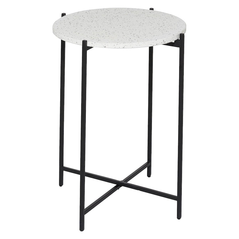 Table d'appoint avec plateau en terrazzo et piètement en métal noir en forme de X